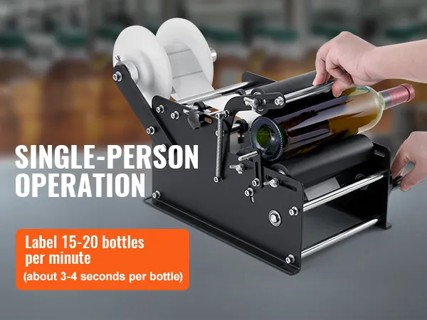 VEVOR manual round labeling machine in use, labeling a wine bottle with ease for single-person operation.