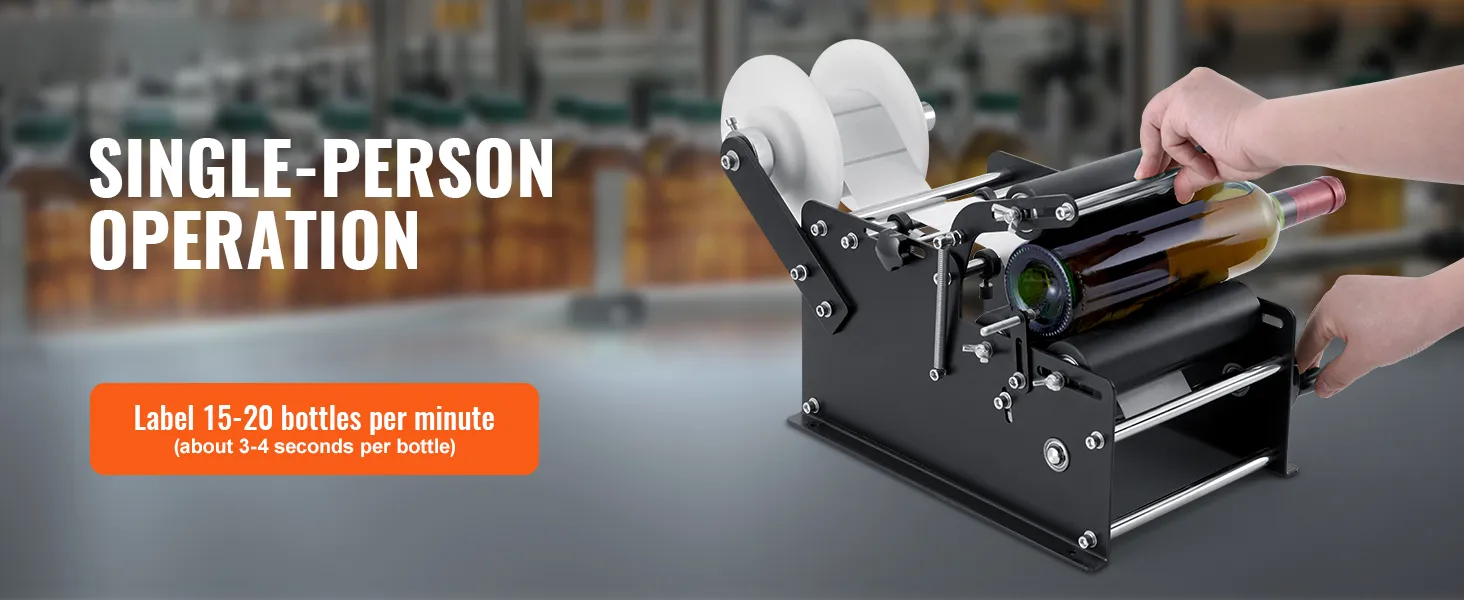 VEVOR manual round labeling machine in use, labeling a wine bottle with ease for single-person operation.