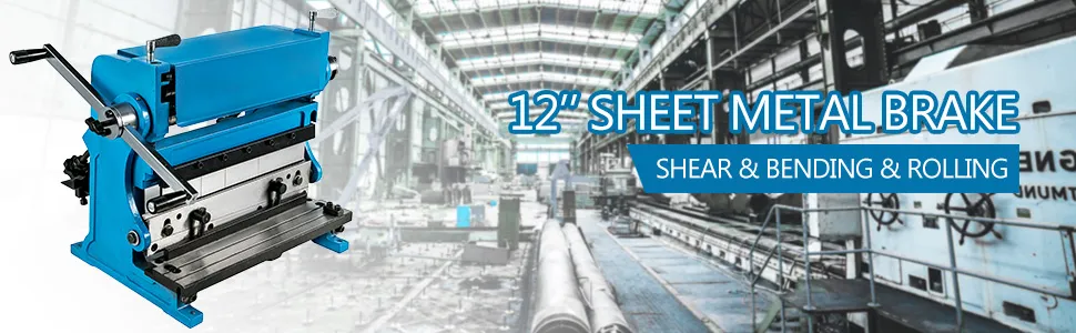 VEVOR sheet metal brake in a workshop for shear, bending, and rolling tasks.