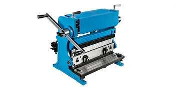 blue VEVOR sheet metal brake with handle levers and metal pressing components.