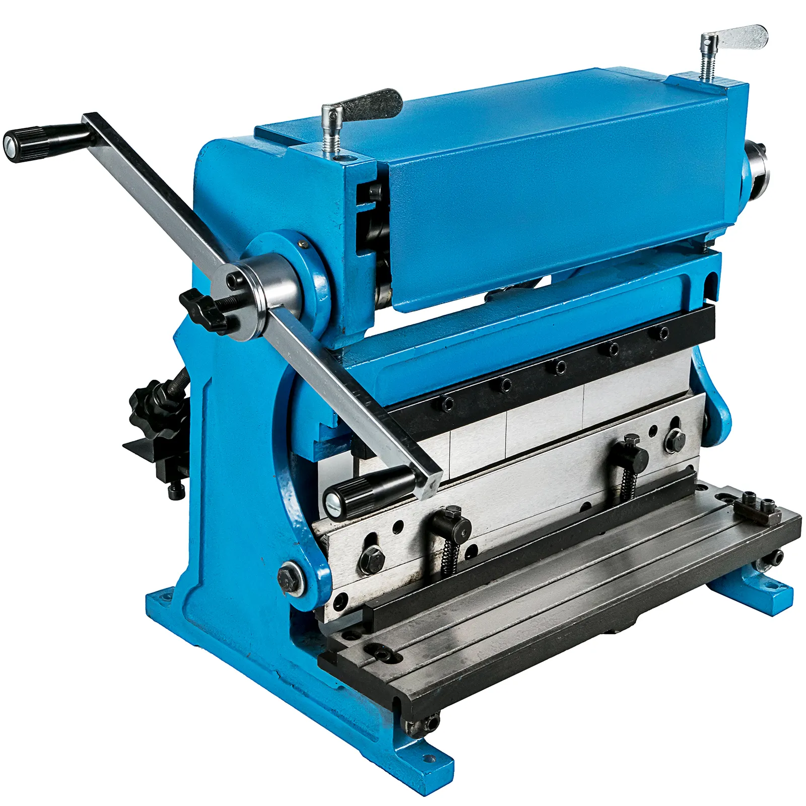 blue VEVOR sheet metal brake with crank handles and robust metal construction.