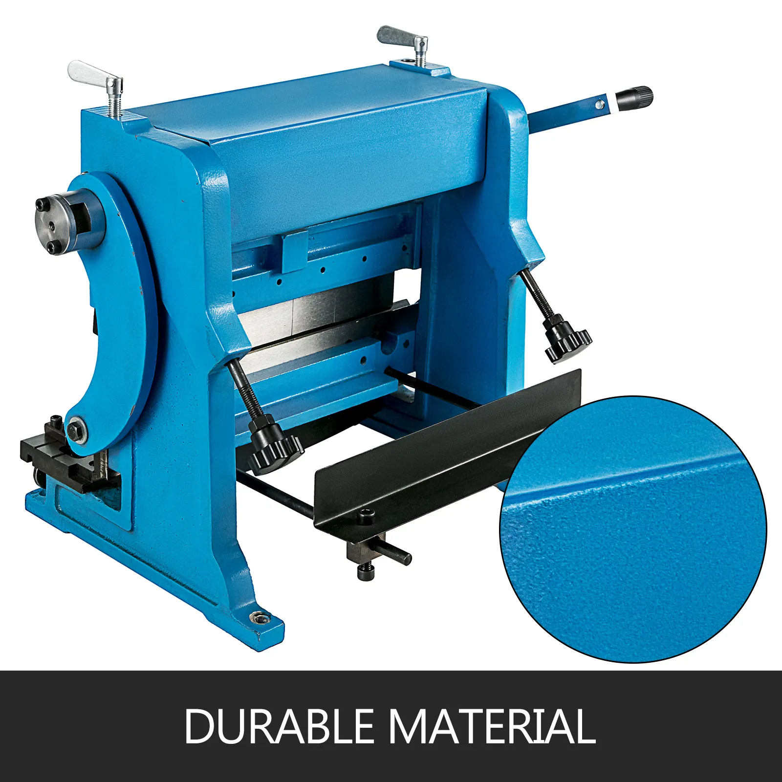 VEVOR sheet metal brake with blue finish and durable material close-up.