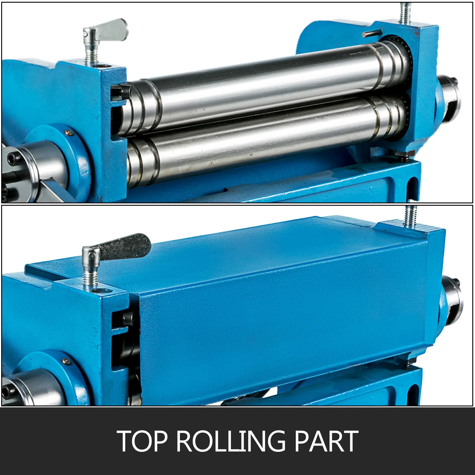 VEVOR sheet metal brake showcasing the top rolling part in blue and steel.