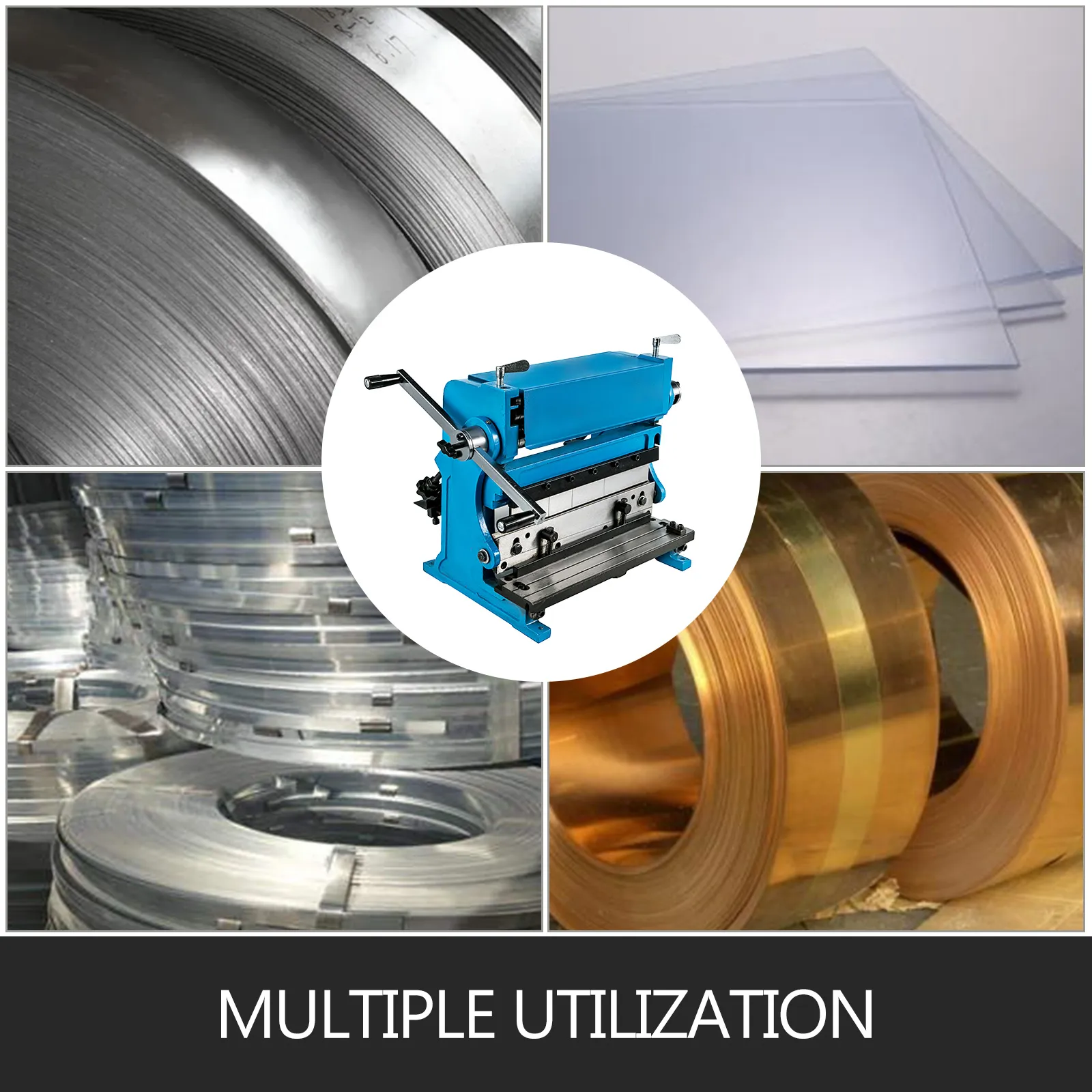 VEVOR sheet metal brake showcasing versatility with various metal and sheet materials.