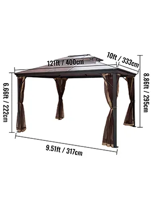 VEVOR hardtop gazebo with curtains, dimensions: 12x10 ft, height 8.86 ft.