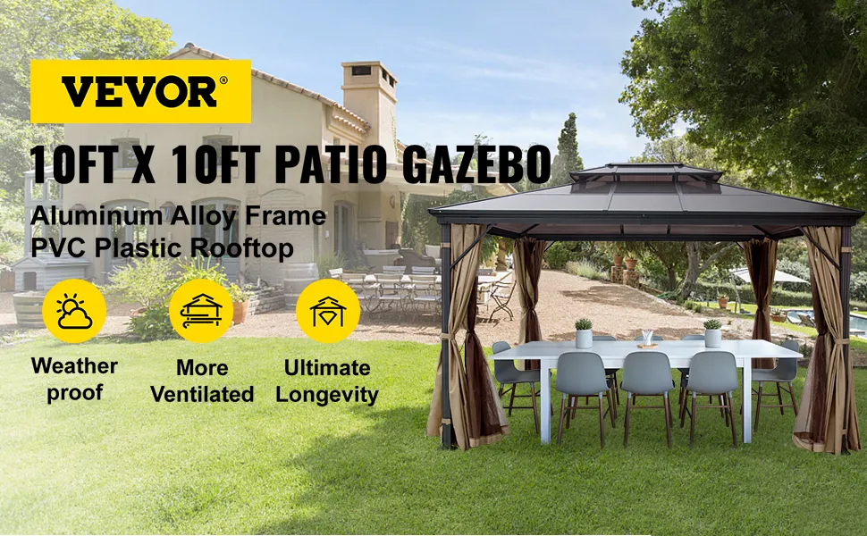 VEVOR hardtop gazebo in backyard with table, chairs, and aluminum alloy frame.
