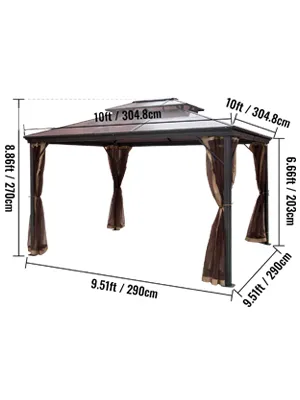 VEVOR hardtop gazebo with curtains, 10x10ft, showing dimensions in feet and cm.