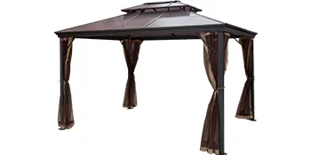 VEVOR hardtop gazebo with brown curtains and sturdy black metal frame.
