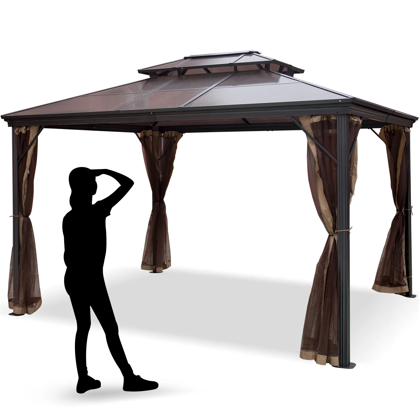 person looking at a VEVOR hardtop gazebo with brown curtains and metal frame.