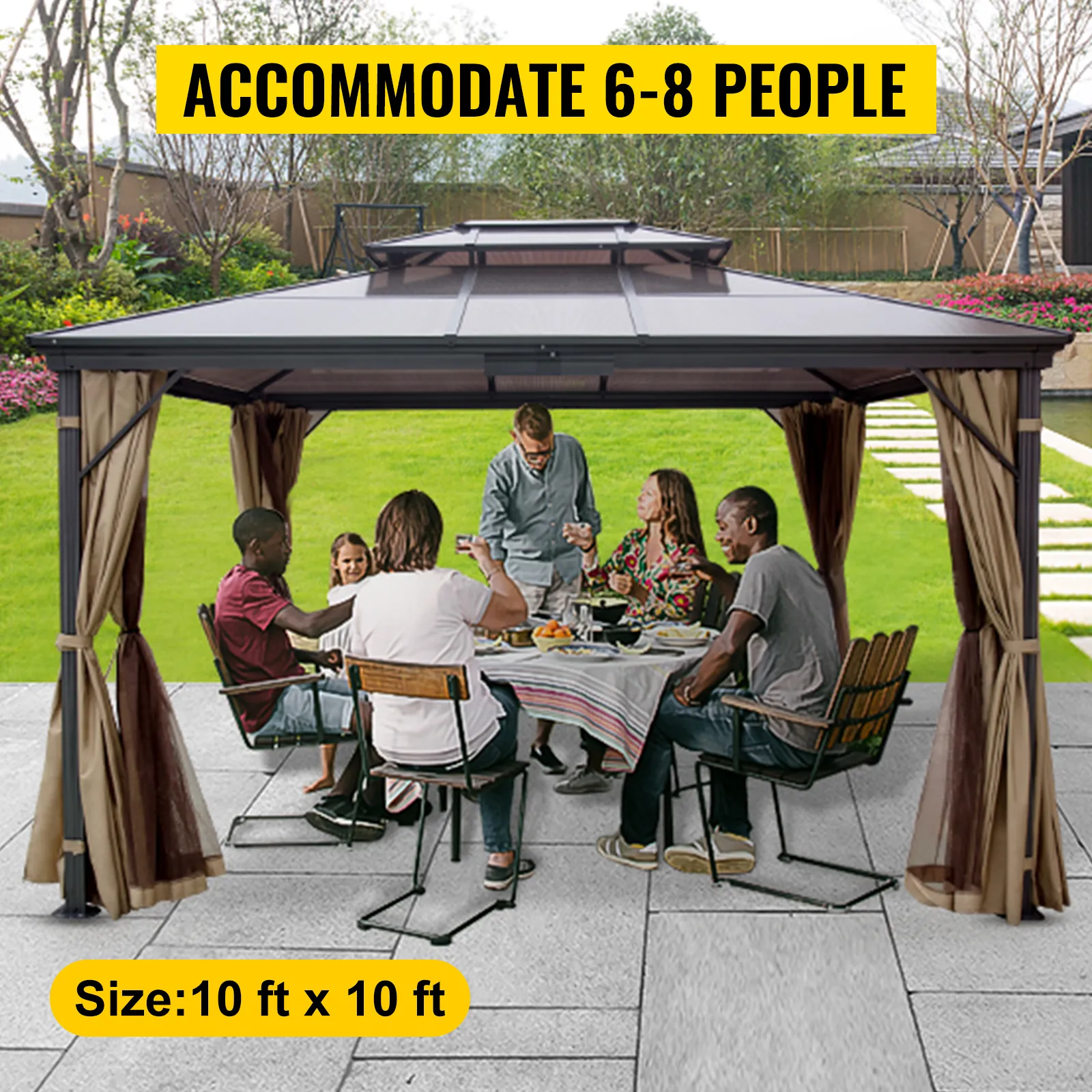 VEVOR hardtop gazebo accommodates 6-8 people, size 10 ft x 10 ft, in a garden setting.