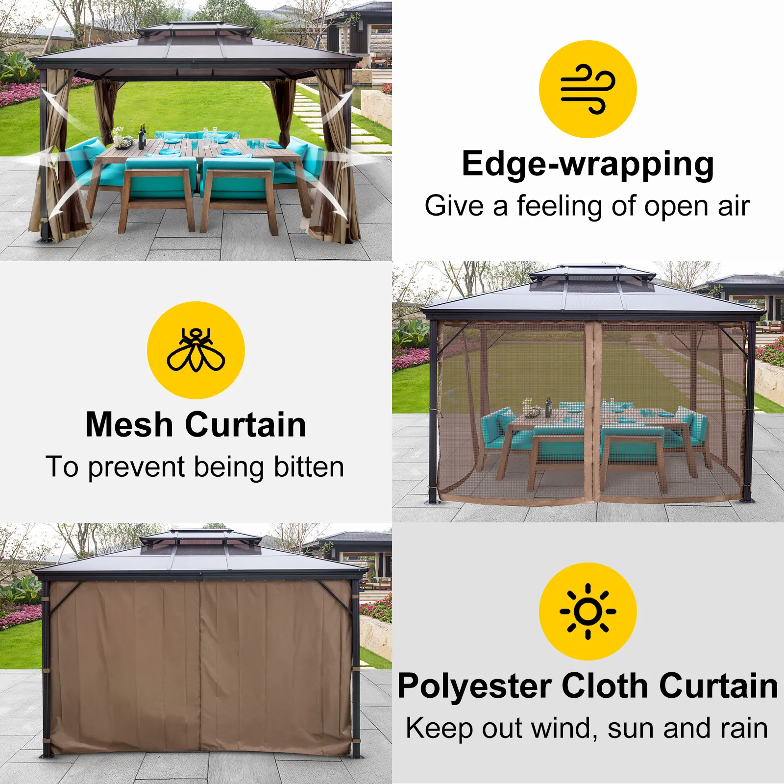 VEVOR hardtop gazebo with mesh and polyester curtains for outdoor dining protection.