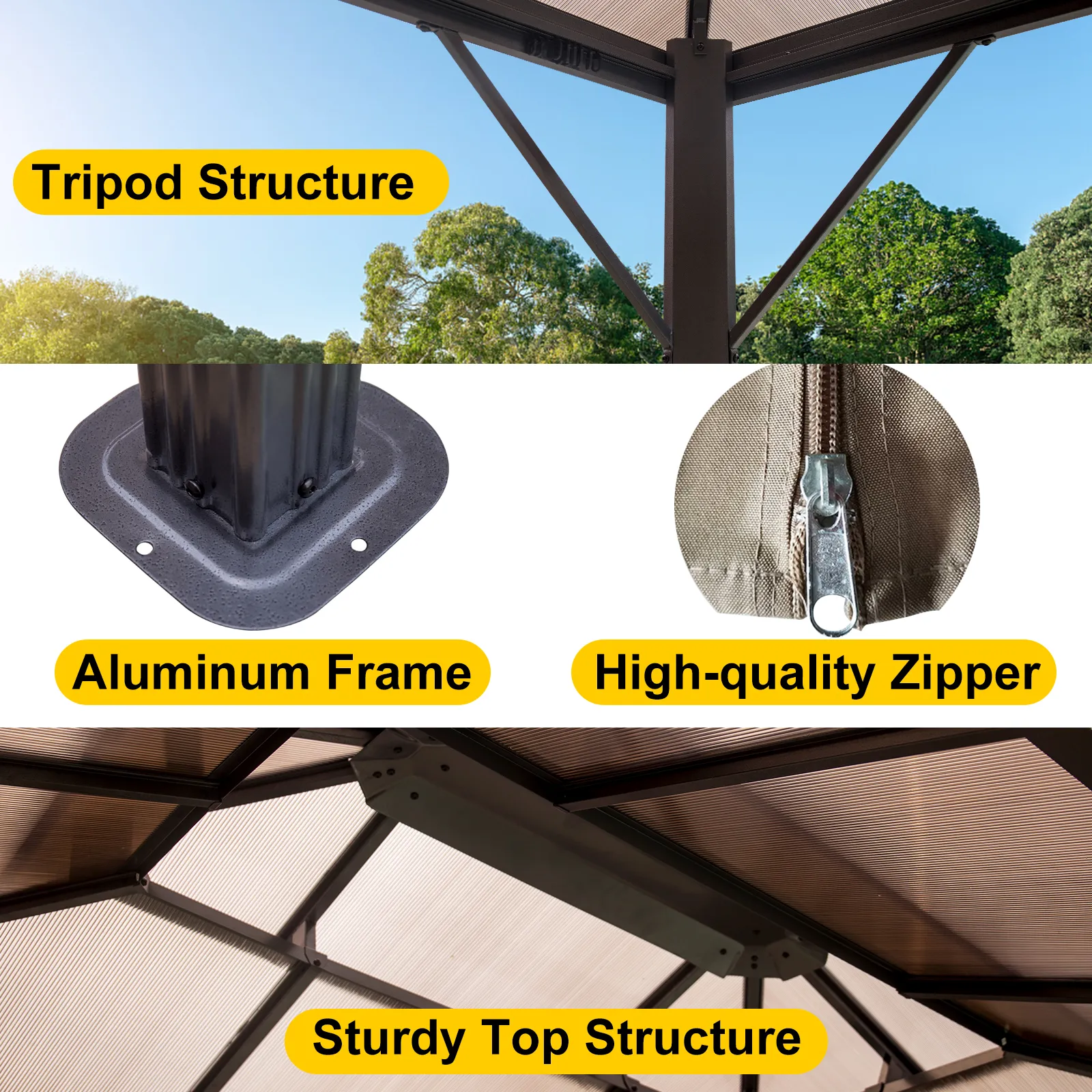 VEVOR hardtop gazebo with sturdy aluminum frame, tripod structure, and high-quality zipper.