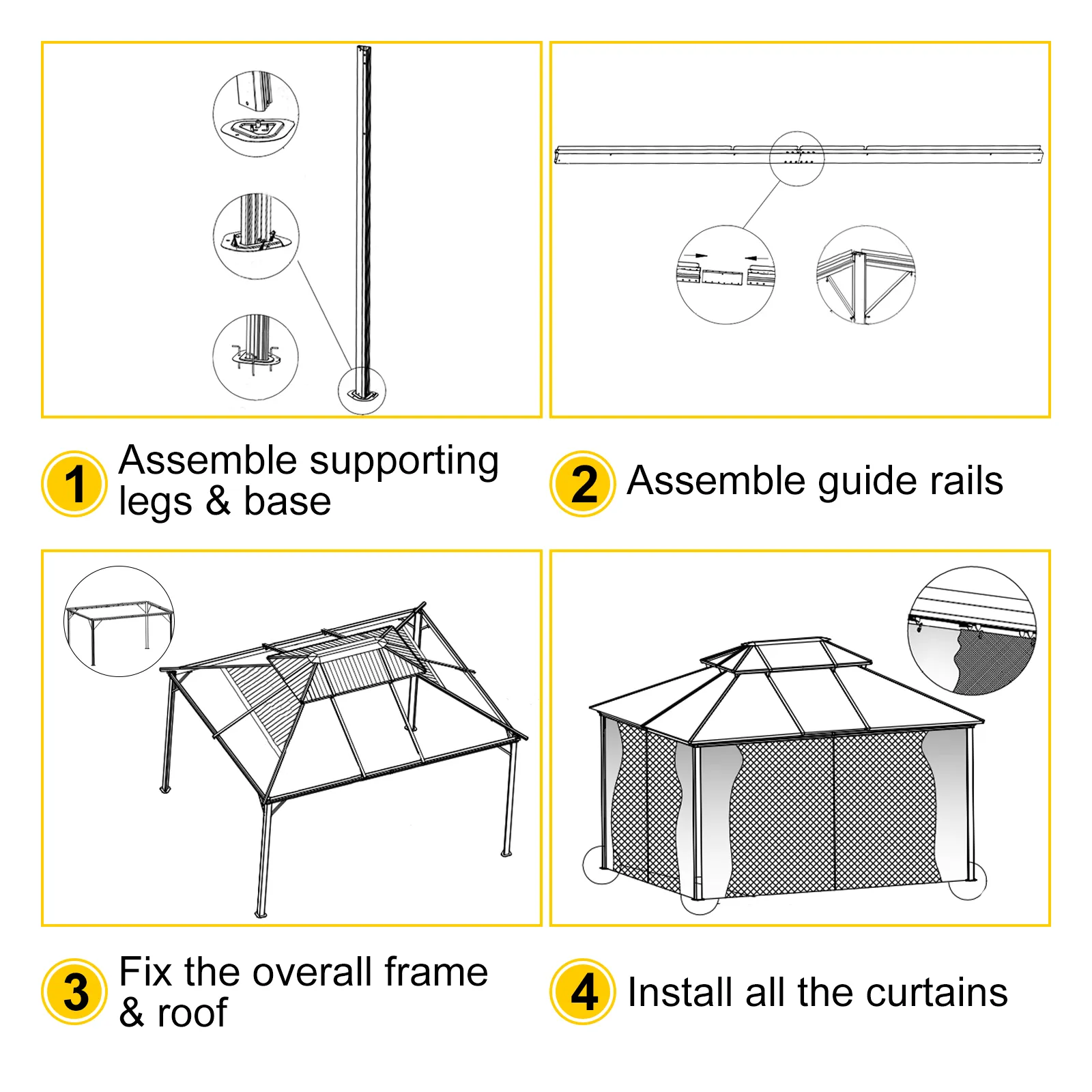 VEVOR hardtop gazebo assembly guide: steps to build frame, roof, and curtains.
