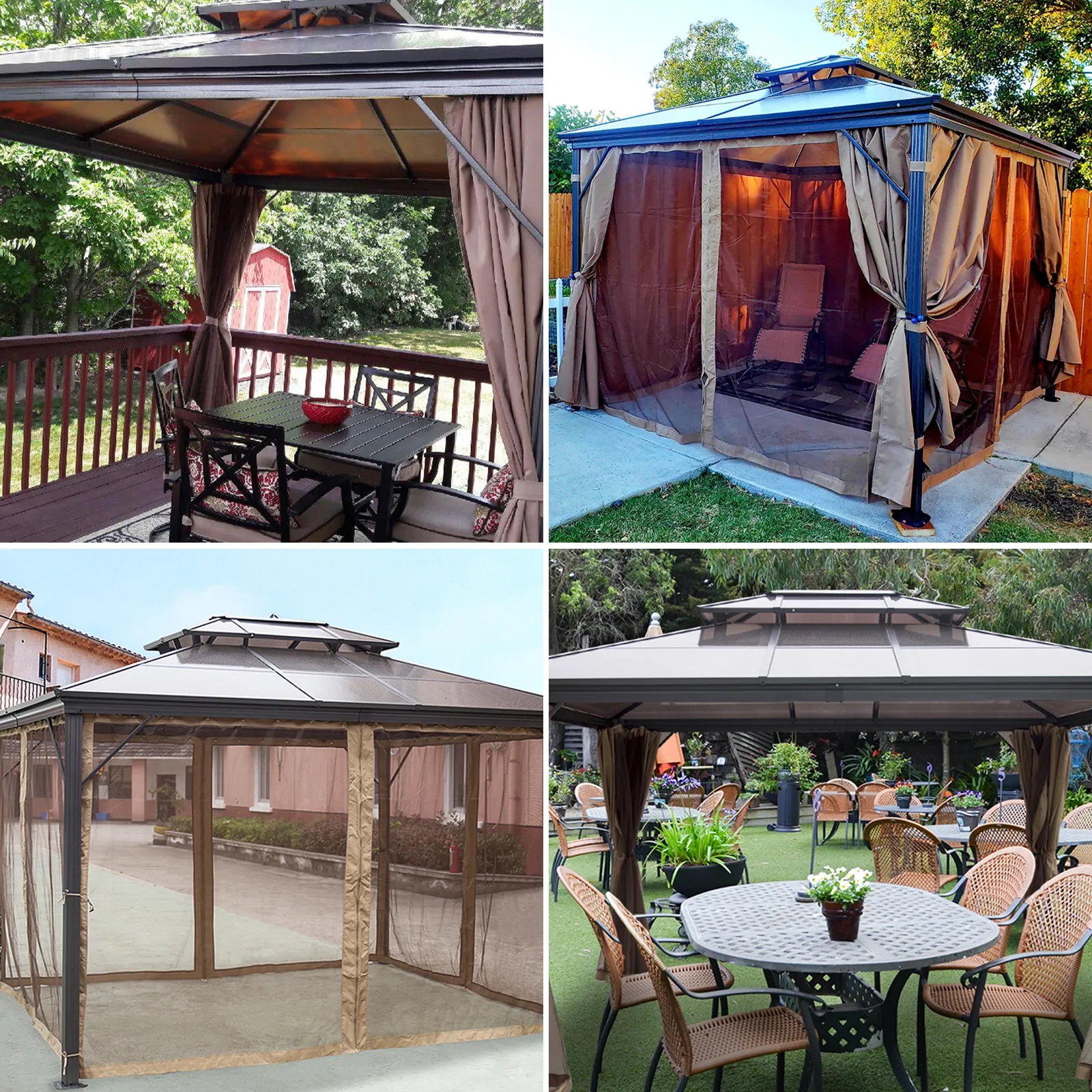 VEVOR hardtop gazebo in various backyard settings with mesh curtains and seating.
