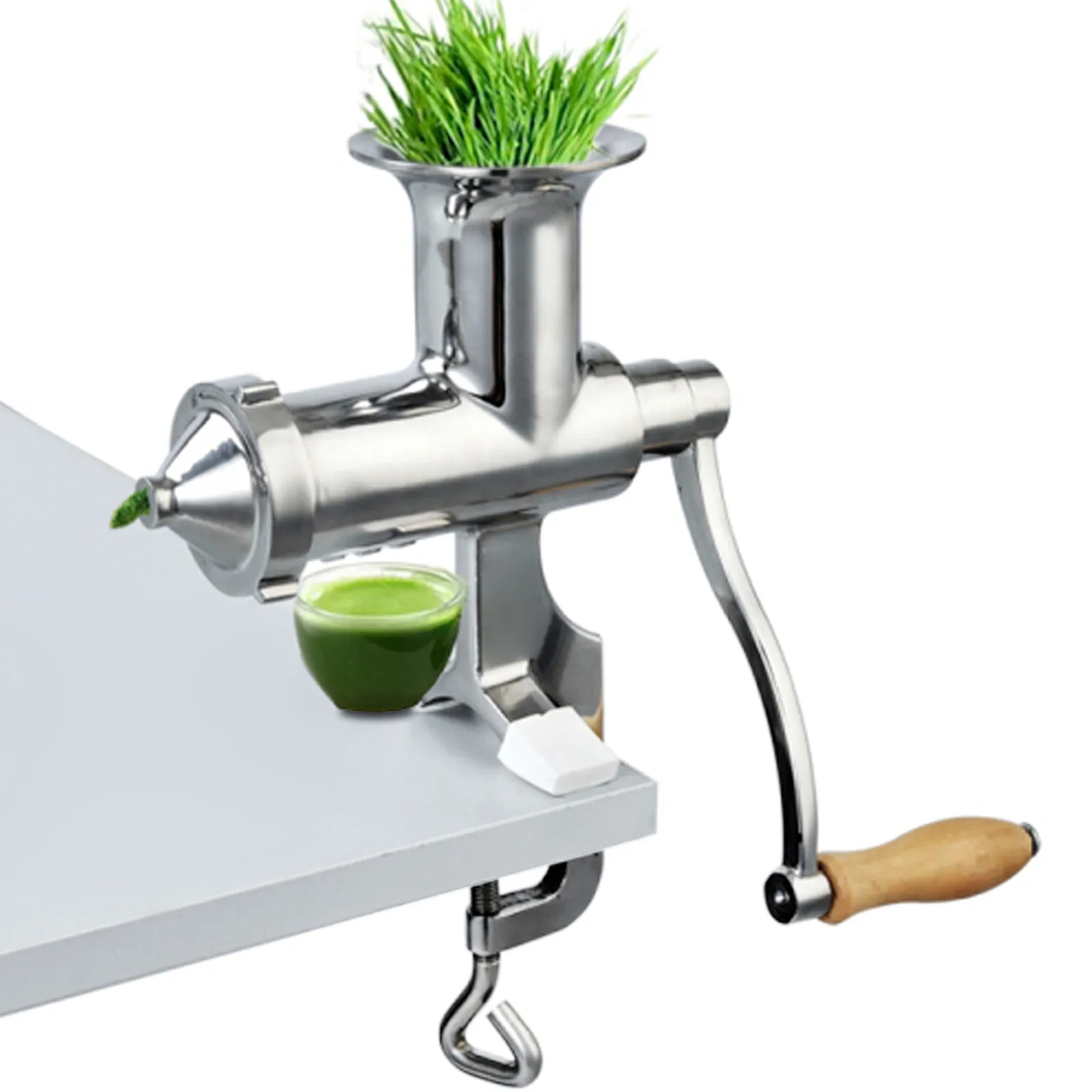 VEVOR wheatgrass juicer mounted on table with fresh wheatgrass and green juice.