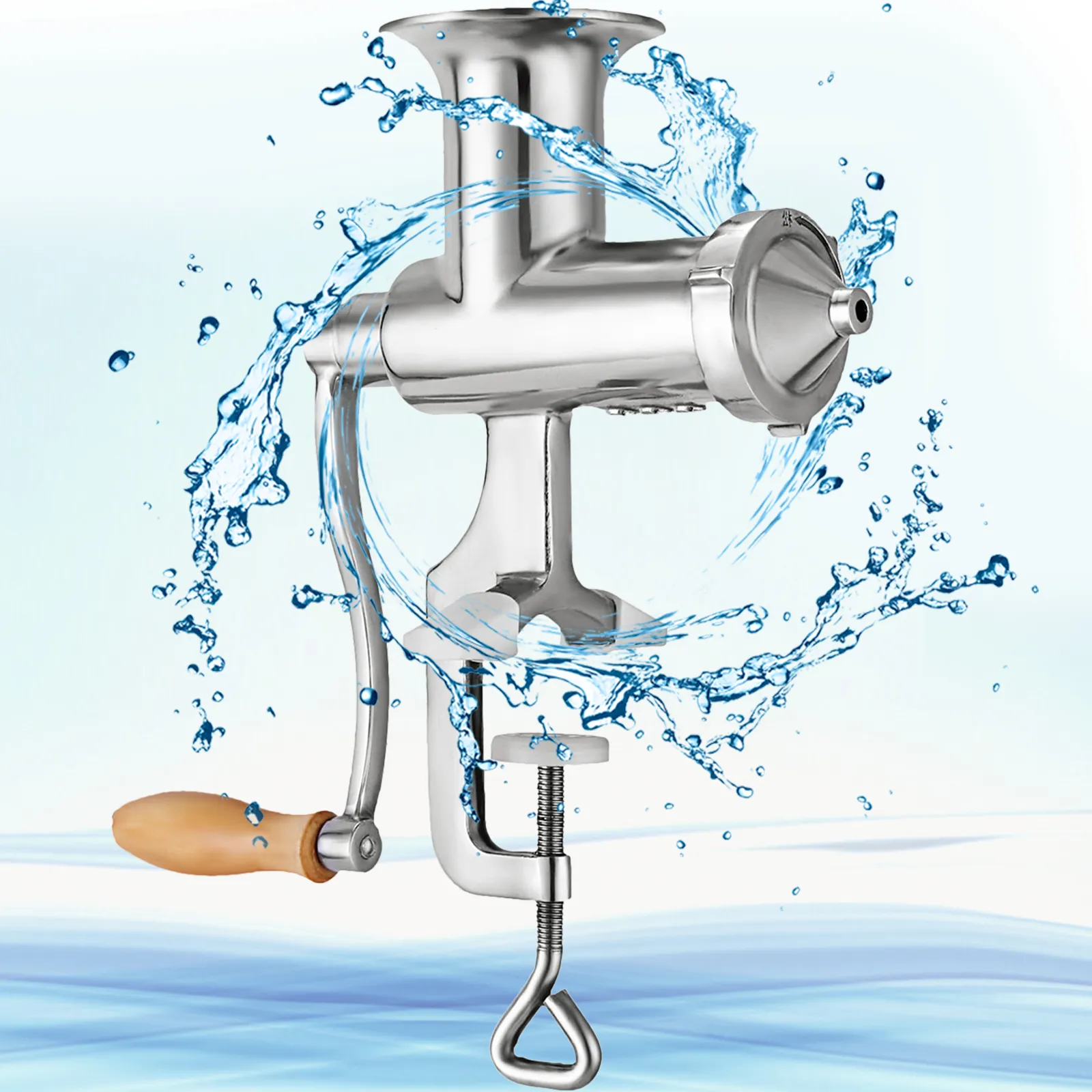 VEVOR wheatgrass juicer with splashing water, highlighting stainless steel body.