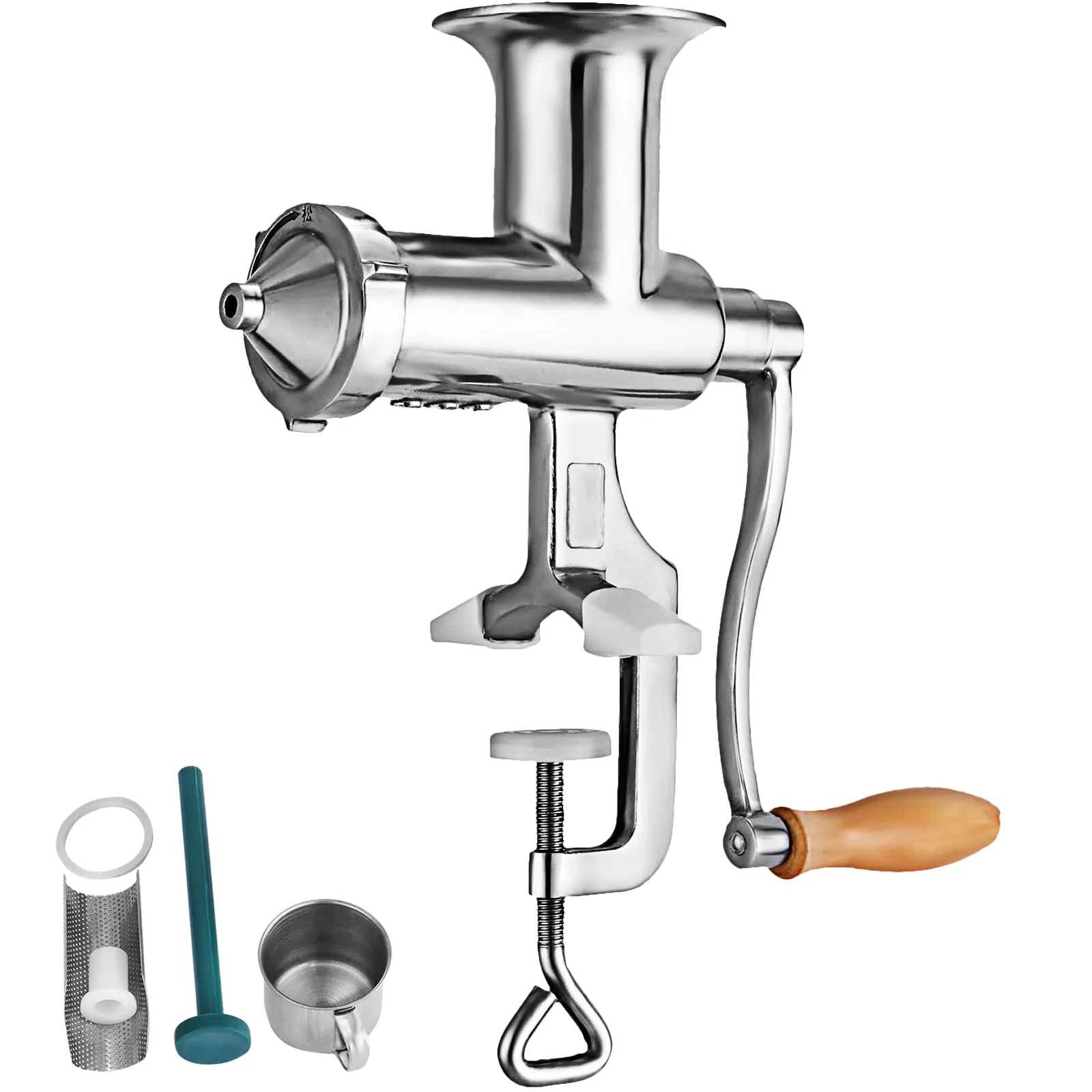 VEVOR wheatgrass juicer with wooden handle and various accessories.