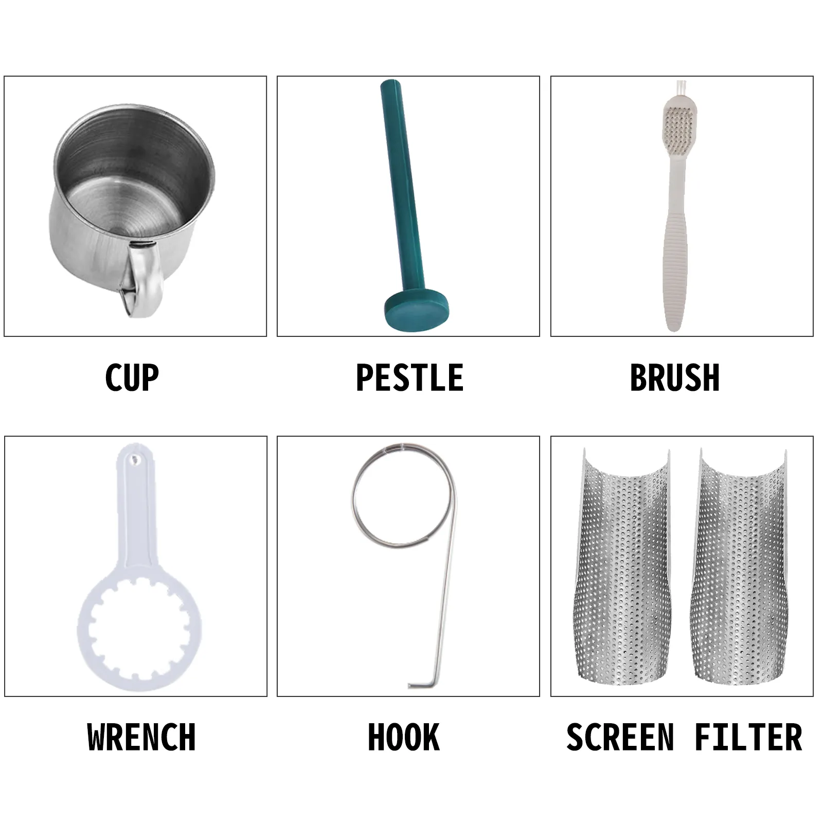 VEVOR wheatgrass juicer accessories: cup, pestle, brush, wrench, hook, screen filter.