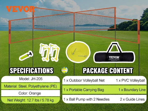 VEVOR 4-way volleyball net set with steel poles, carrying bag, ball pump, pvc volleyball, and more.