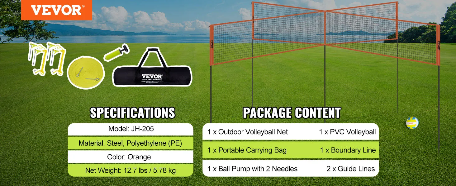 VEVOR 4-way volleyball net set with steel poles, carrying bag, ball pump, pvc volleyball, and more.