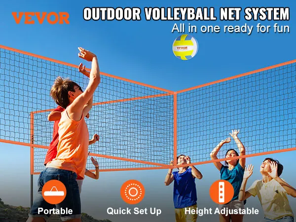VEVOR 4-way volleyball net with quick setup, height adjustable, and portable for outdoor fun.