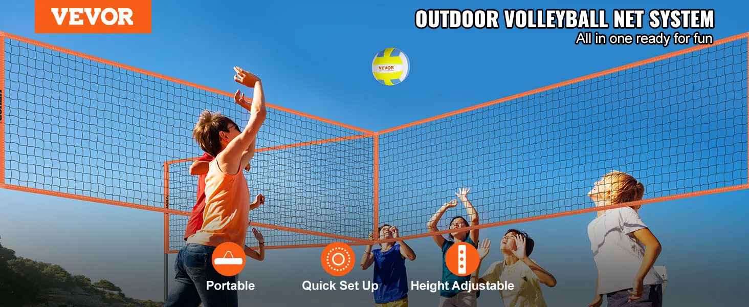 VEVOR 4-way volleyball net with quick setup, height adjustable, and portable for outdoor fun.
