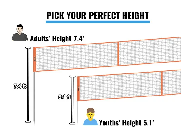 VEVOR 4-way volleyball net displayed at adjustable heights: 7.4 ft for adults and 5.1 ft for youths.
