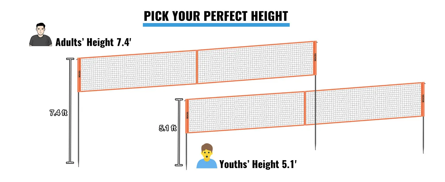 VEVOR 4-way volleyball net displayed at adjustable heights: 7.4 ft for adults and 5.1 ft for youths.