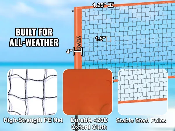 VEVOR 4-way volleyball net with high-strength pe net, durable 420d oxford cloth, and stable steel poles.