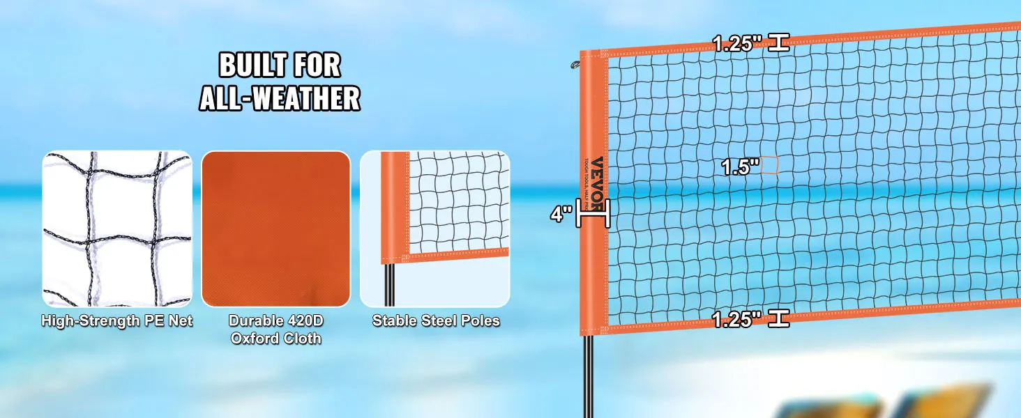 VEVOR 4-way volleyball net with high-strength pe net, durable 420d oxford cloth, and stable steel poles.