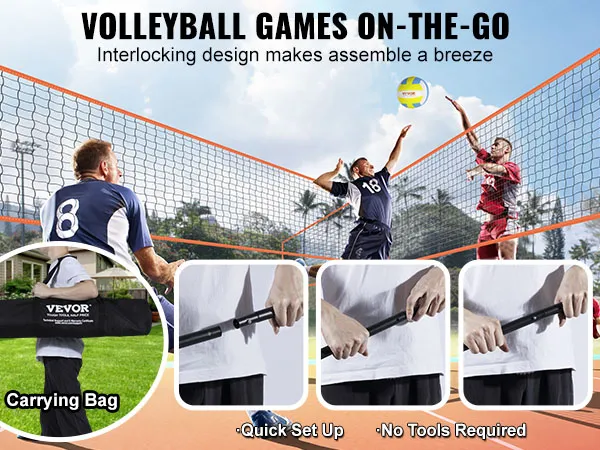 portable VEVOR 4-way volleyball net with interlocking design, quick setup, no tools needed, carrying bag.