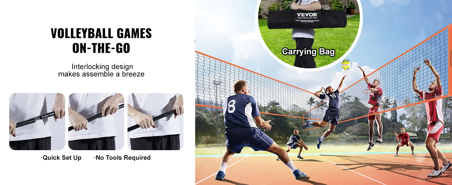 portable VEVOR 4-way volleyball net with interlocking design, quick setup, no tools needed, carrying bag.