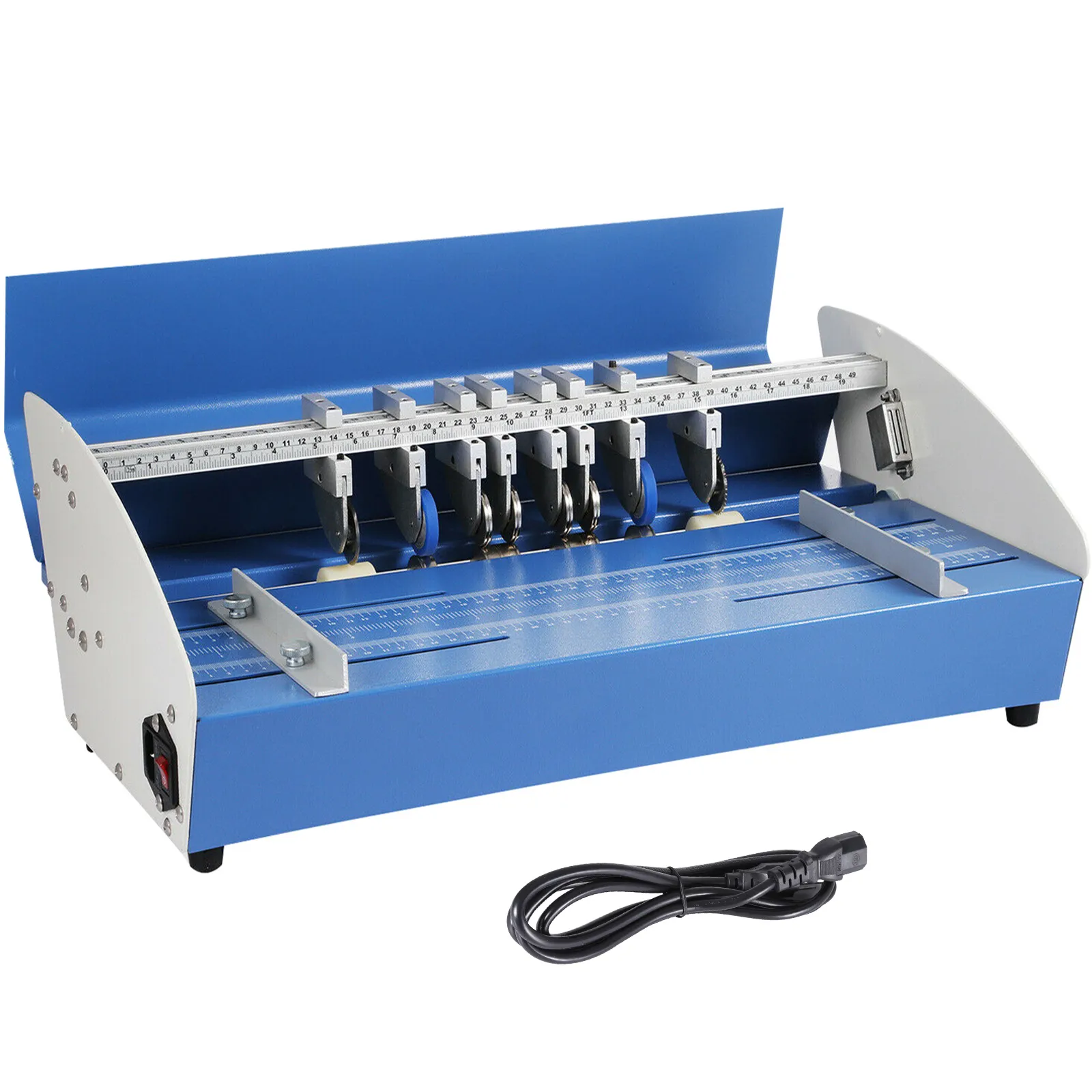 Blaue und silberne elektrische Rillmaschine von VEVOR mit verstellbaren Führungen und Netzkabel.