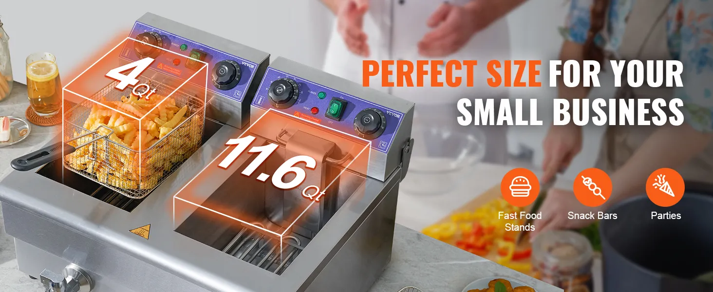 VEVOR elektrische frituurpan met twee manden, 4qt en 11,6qt, ideaal voor kleine bedrijven.