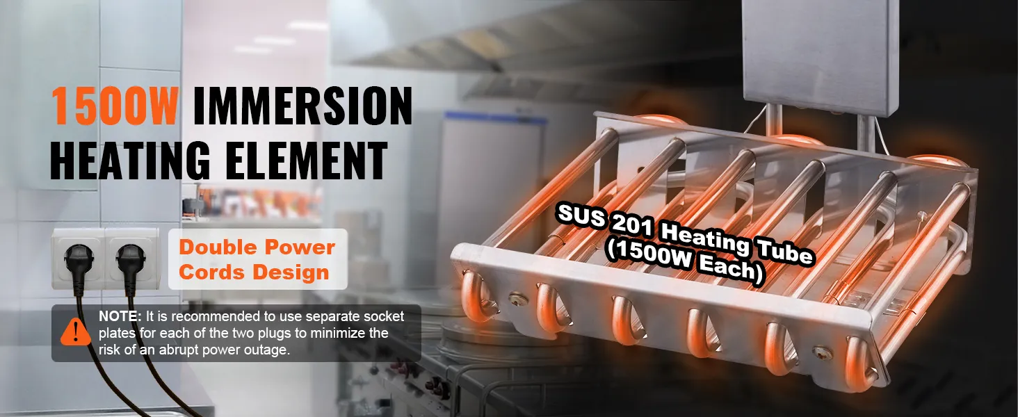 1500W dompelverwarmingselement voor VEVOR elektrische frituurpan met dubbele netsnoeren in een keukenopstelling.