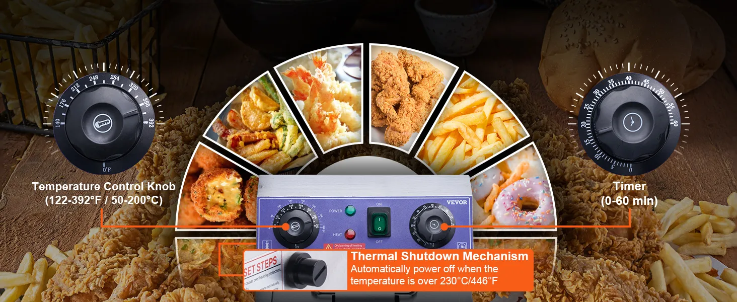 VEVOR elektrische frituurpan met temperatuurregelknop, timer en thermisch uitschakelmechanisme.