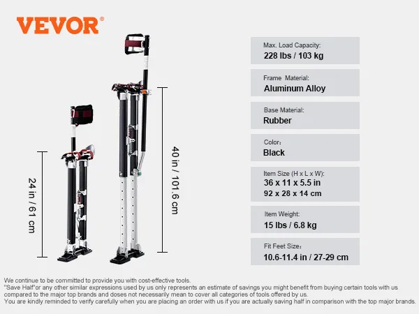 VEVOR drywall stilts in aluminum alloy, black color, adjustable heights of 24 and 40 inches, 228 lbs load.
