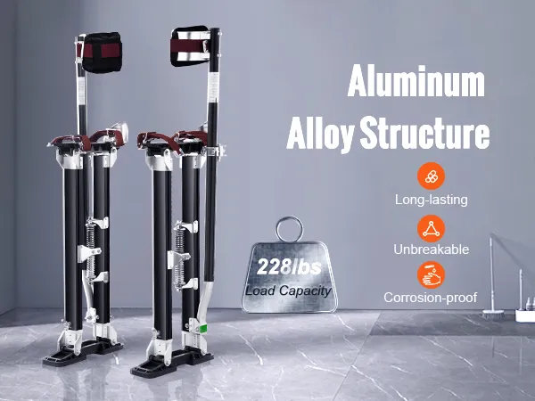 VEVOR drywall stilts with aluminum alloy structure, 228lbs load capacity, corrosion-proof, unbreakable.