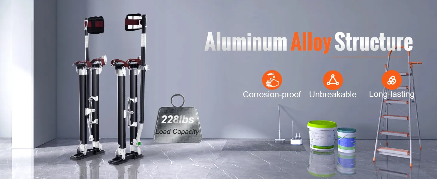 VEVOR drywall stilts with aluminum alloy structure, 228lbs load capacity, corrosion-proof, unbreakable.