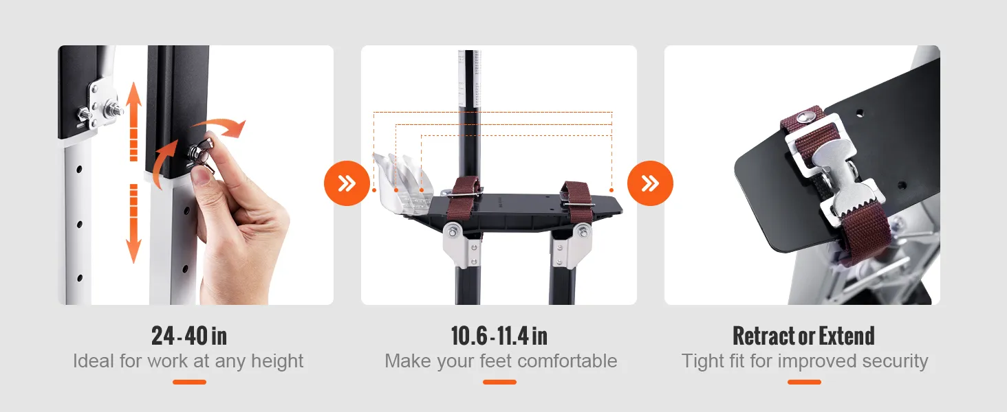 adjustable VEVOR drywall stilts from 24-40 in with secure straps for comfort and stability.