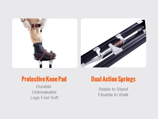 protective knee pad and dual action springs of VEVOR drywall stilts highlighting durability and flexibility.