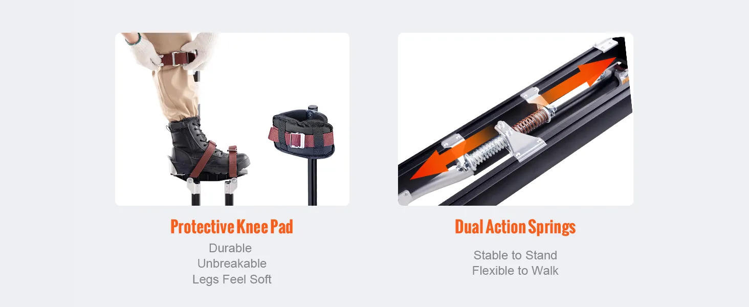 protective knee pad and dual action springs of VEVOR drywall stilts highlighting durability and flexibility.