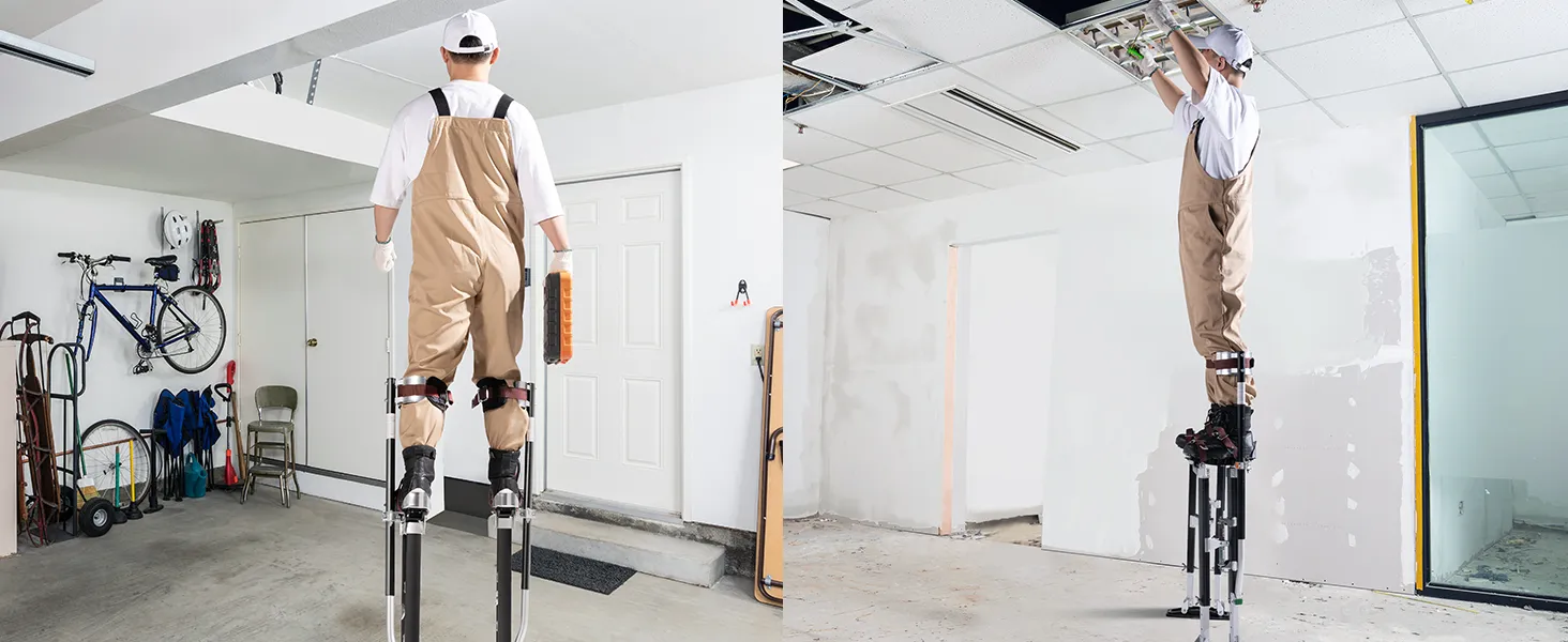 worker on VEVOR drywall stilts painting walls in garage and installing ceiling in under-construction room.