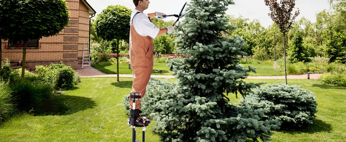 gardener using VEVOR drywall stilts to trim a tall tree in a well-maintained backyard.