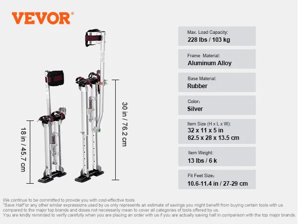VEVOR drywall stilts, aluminum alloy frame, rubber base, 228 lbs capacity, adjustable height 18-30 in.