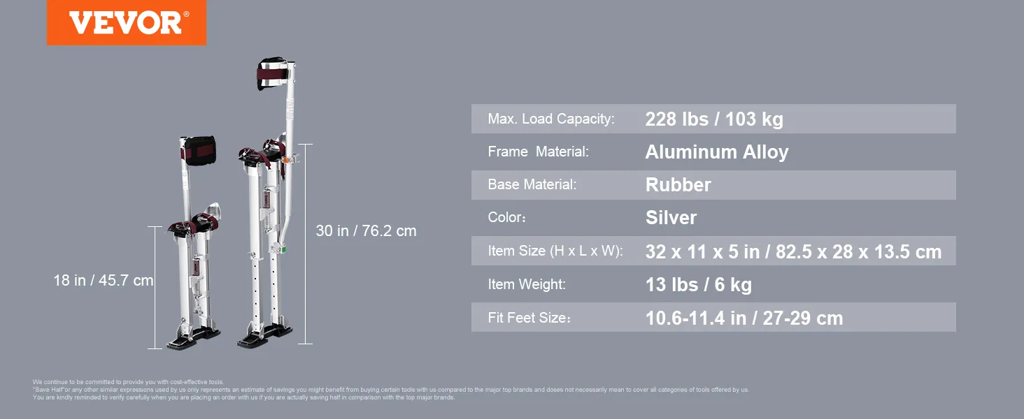 VEVOR drywall stilts, aluminum alloy frame, rubber base, 228 lbs capacity, adjustable height 18-30 in.