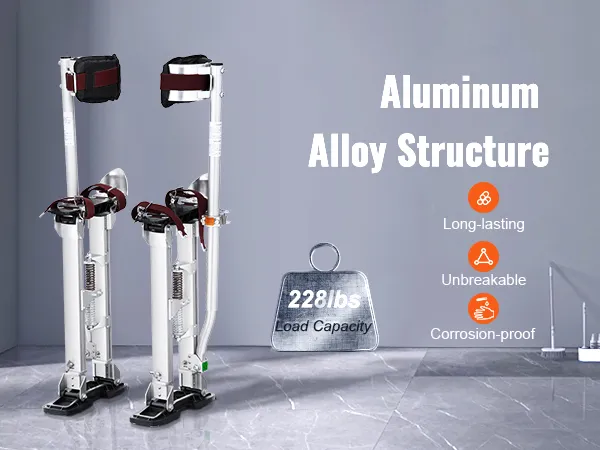 VEVOR drywall stilts, aluminum alloy structure, 228 lbs load capacity, corrosion-proof, unbreakable.