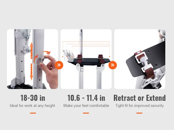 VEVOR drywall stilts adjustable from 18-30 inches with retractable foot straps for comfort and security.