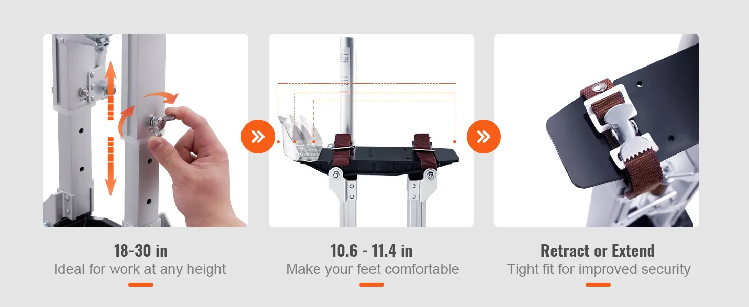 VEVOR drywall stilts adjustable from 18-30 inches with retractable foot straps for comfort and security.