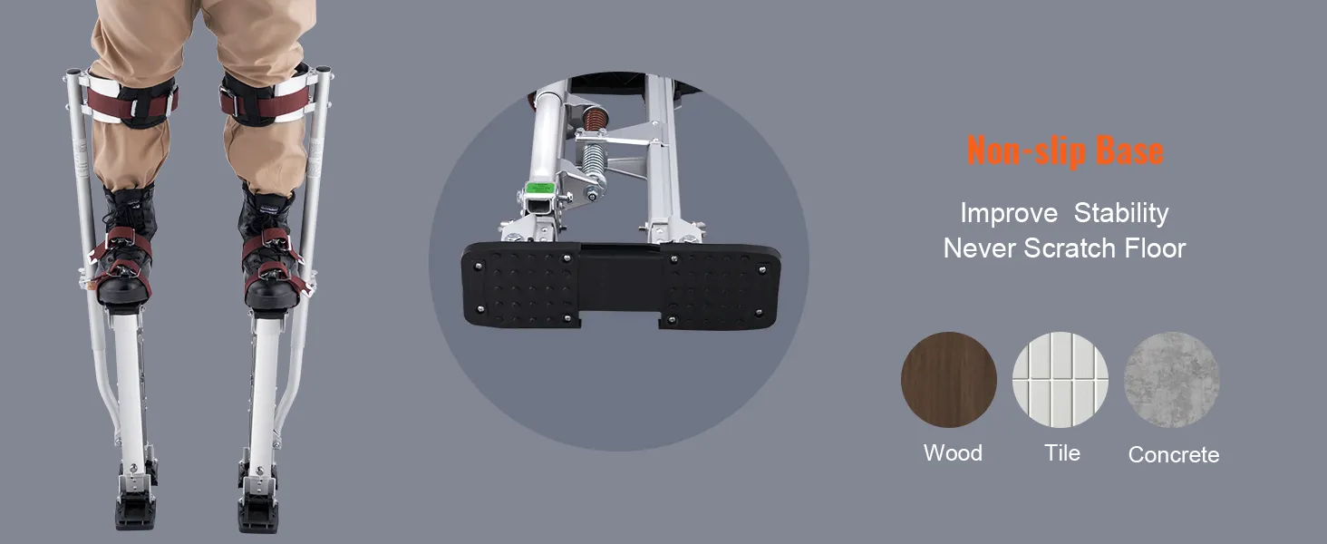 VEVOR drywall stilts with non-slip base, enhancing stability on wood, tile, and concrete surfaces.